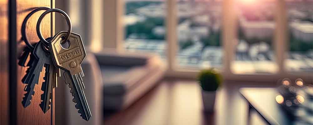 Open-door-with-keys-to-new-luxury-flat-with-big-windows-in-penthouse-apartment.-Mortgage-investment-rent-real-estate-property-concept.-Generative-AI-1